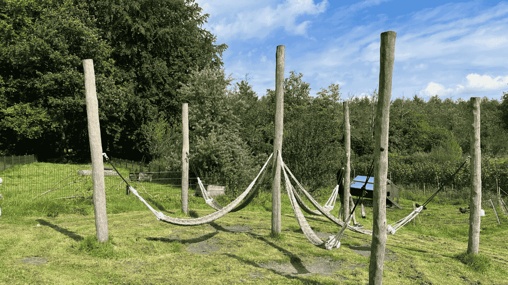 Hammock stand made of wooden beams in Kelstrup Plantation